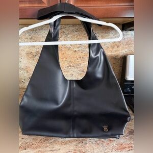 Victoria’s Secret Black Faux Leather-Style Hobo Bag with Gold Accent Logo
